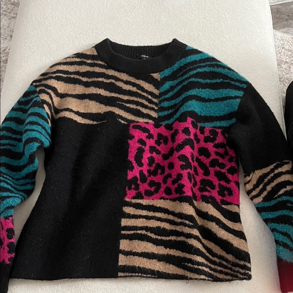 Rails Colorblock Animal-Print Crewneck Sweater - Black, Teal, Fuchsia & Tan
